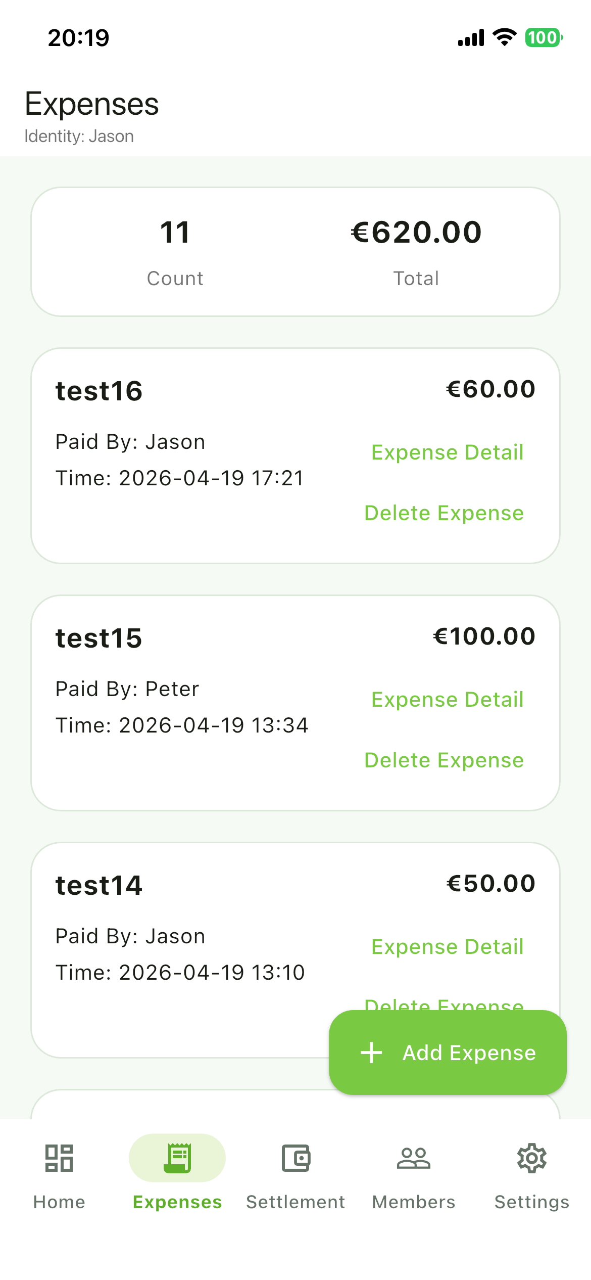 SplitNest expenses screen