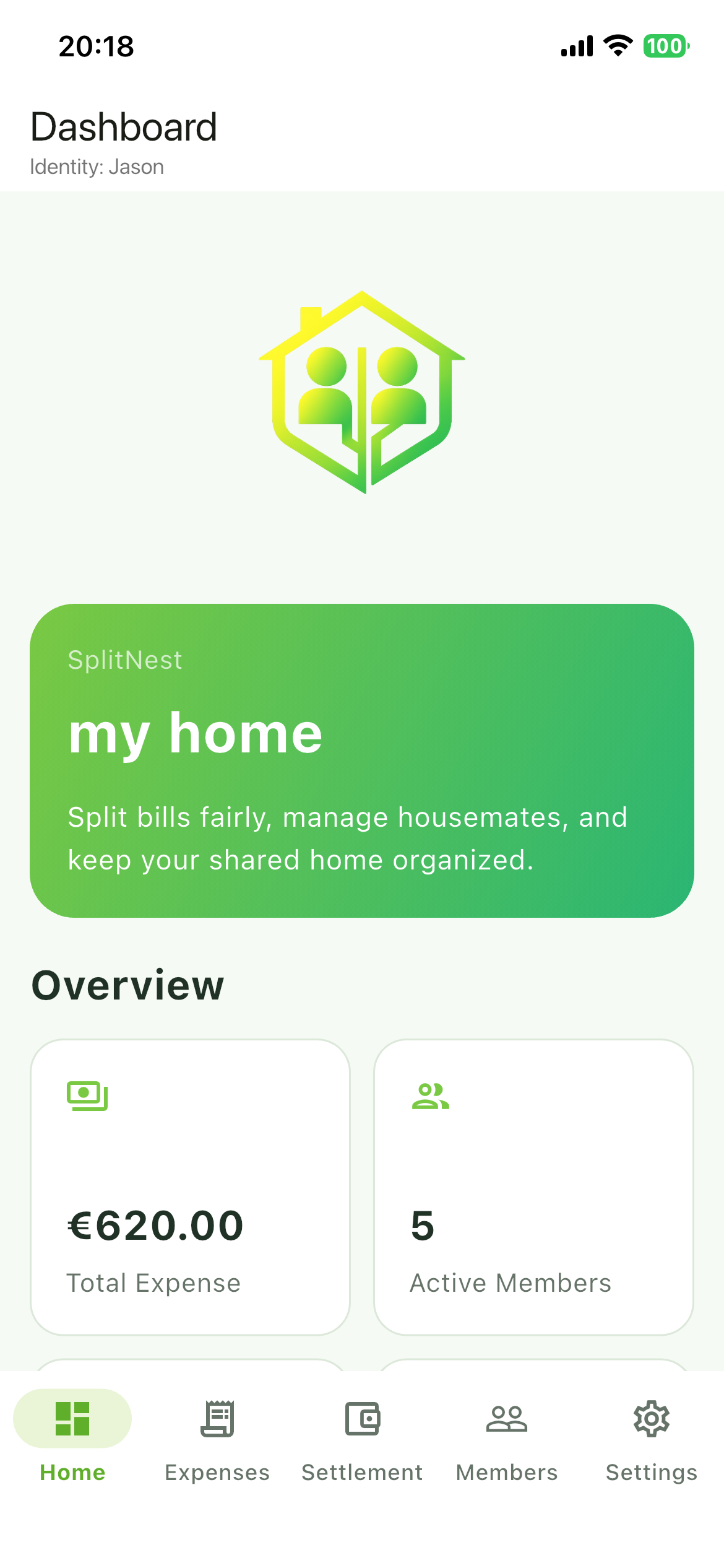 SplitNest dashboard screen